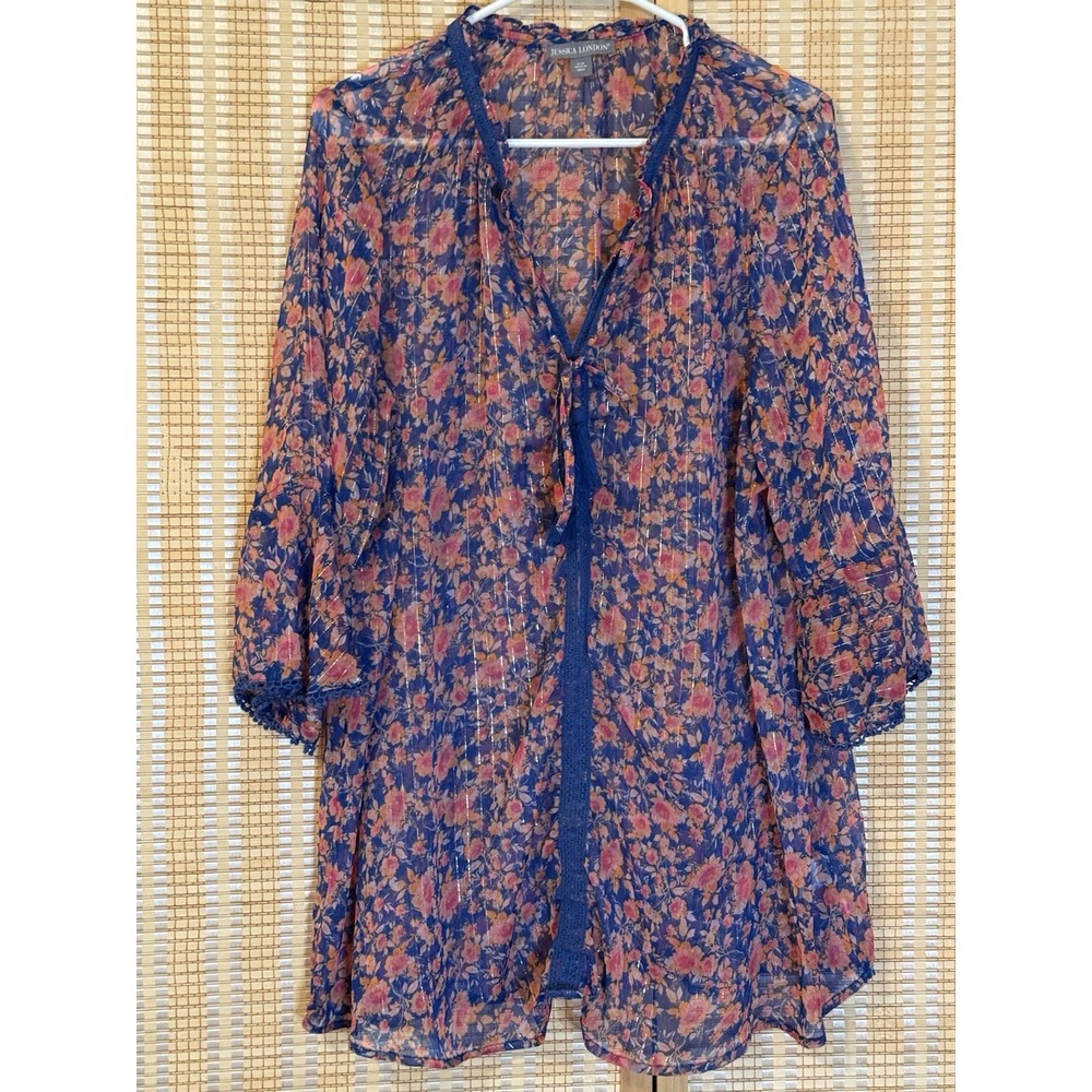 Jessica London Womens 18W‎ Sheer Tunic Floral Lace Tassels Boho Cottagecore Swim